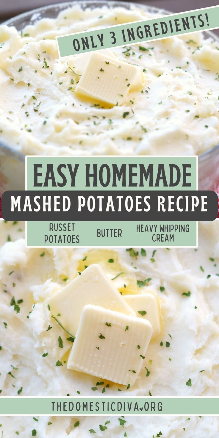 easy homemade mashed potatoes recipe using only 3 ingredients Mashed Potatoes Heavy Cream, Easy Mashed Potatoes Recipe, Russet Mashed Potatoes, Best Mashed Potatoes Recipe, Homemade Mashed Potatoes Recipe, Mashed Potatoes From Scratch, Russet Potato Recipes, Mashed Potatoes Recipe Easy, The Best Mashed Potatoes