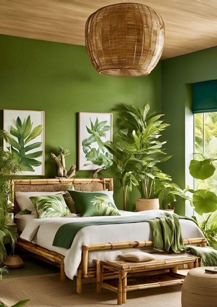 a bedroom with green walls and lots of plants in the corner, including a bed