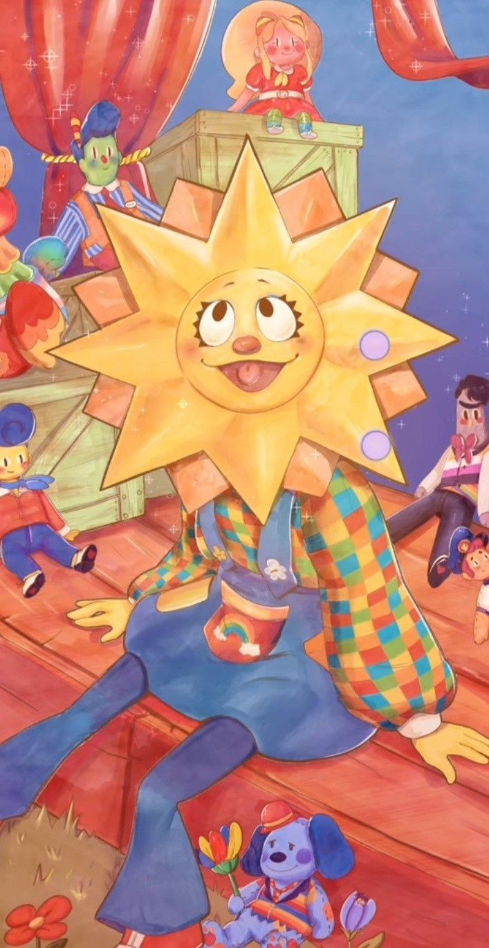 an image of a cartoon character with many other characters in the background, including clowns