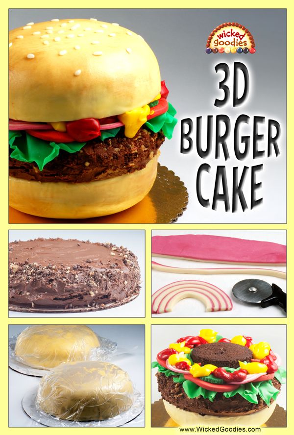 an advertisement for a 3d burger cake with images of hamburgers and cakes on it