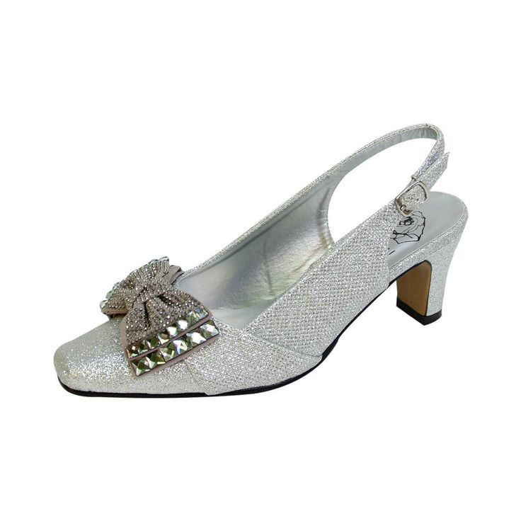 FLORAL Megan women's extra wide width evening dress pump complements well with any formal or fancy attire. This ladies 2" mid-heel slingback with an elegant jeweled decorated bow on a closed toe front and a stunning metallic glitter upper creates a style and look that fits perfectly for those fashion events. Features: Extra Wide Width (E) Synthetic Rubber Sole 2" Mid-Heel Metallic Flower Bow Maximum Traction Outsole Questions? Contact Us Anytime Fancy Attire, Wide Width Heels, Fashion Events, Wedding Shoes Heels, Wide Width Shoes, Slingback Shoes, Glitter Bow, Silver Shoes, Pump Dress