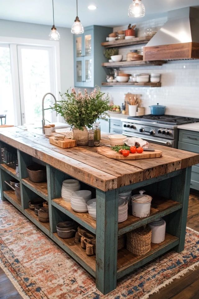 a kitchen island with lots of dishes on it