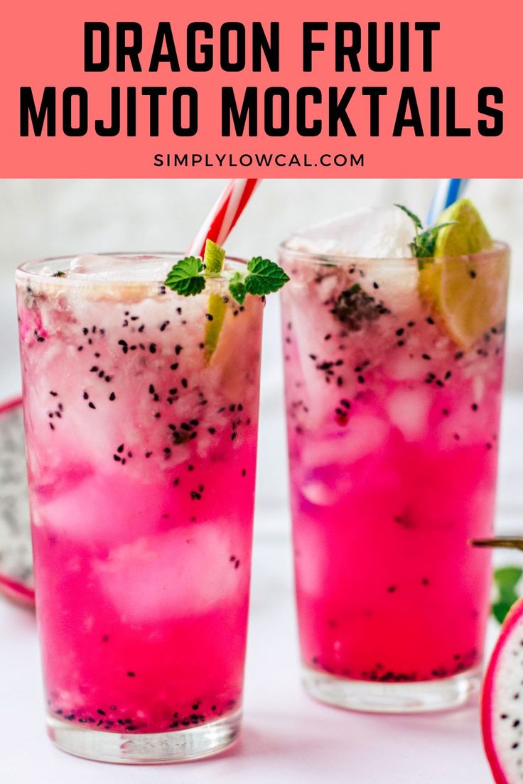 two glasses filled with dragon fruit mojito cocktails