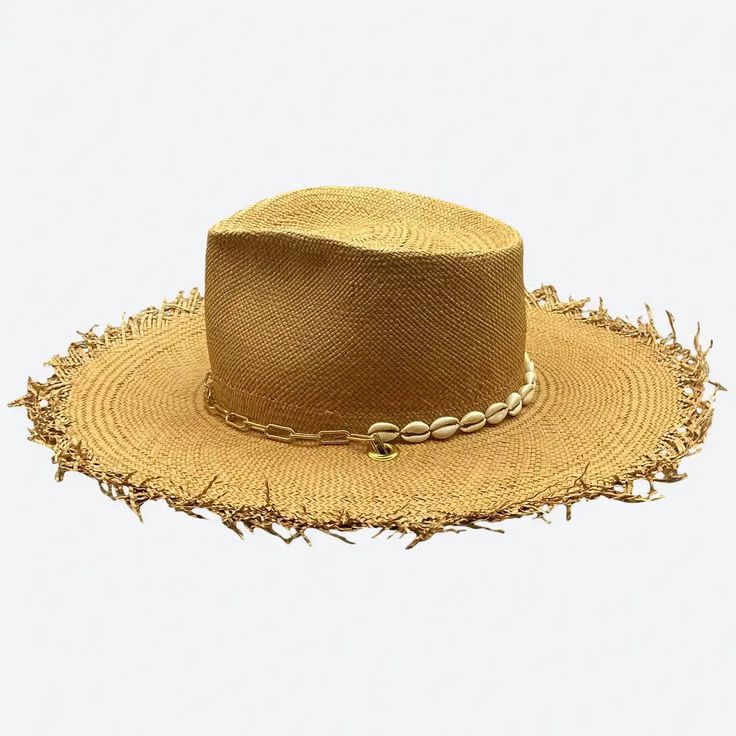 Goddess Fedora Straw Hat - Valeria Andino Hats Straw Hats Outfit, Choose To Shine, Gold Straws, Wide Brim Straw Hat, Under The Shadow, Cowrie Shell, Outfits With Hats, The Shadow, To Shine