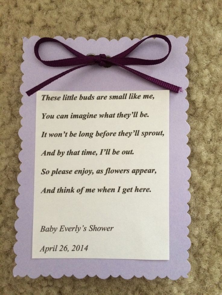 a paper card with a purple ribbon on it and a poem written in the middle