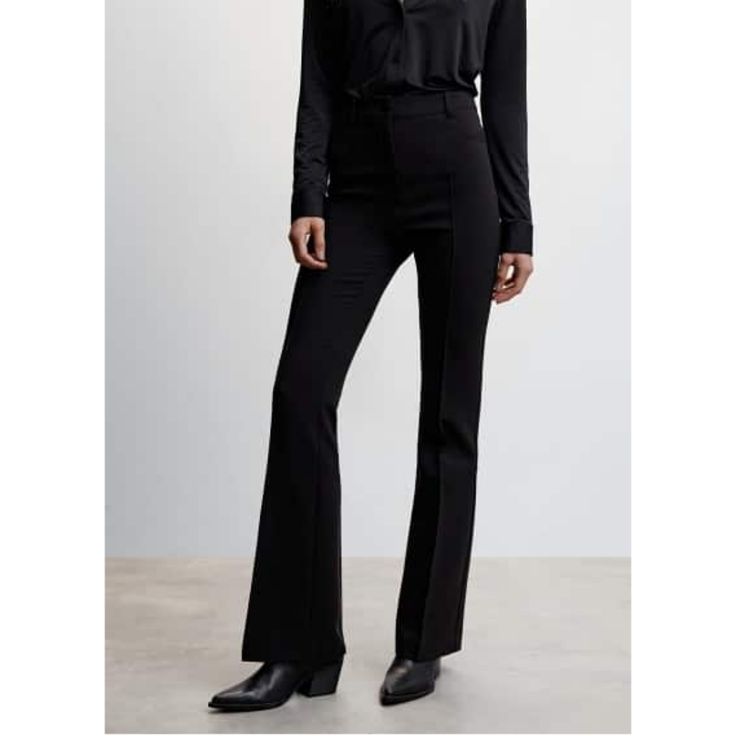 Recycled polyester blend fabric, Flared design, High waist, Dart detail, Loops, Five pockets, Zip and one button fastening Mango Trousers, Flair Pants, Bootcut Trousers, Black Flare Pants, Black Flare, Trouser Style, Flare Trousers, Black Dress Pants, Office Outfits