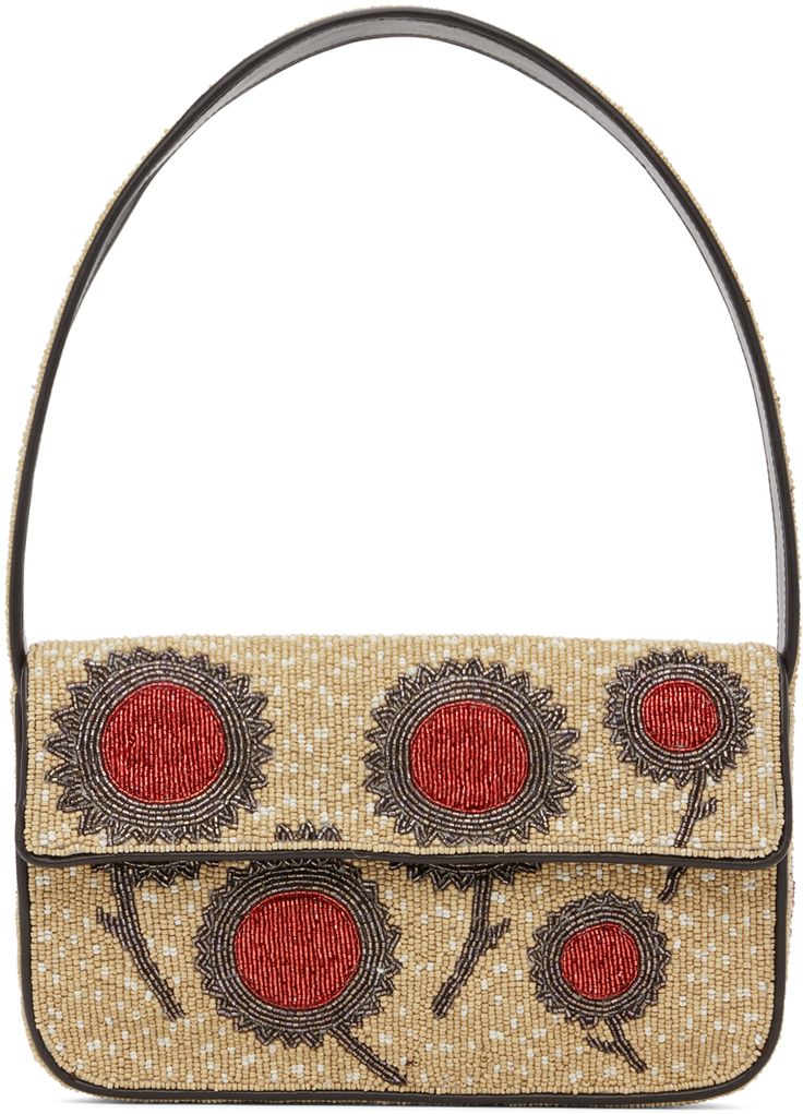 Hand-beaded shoulder bag in beige. · Graphic pattern and buffed faux-leather trim throughout · Fixed carry handle · Beaded logo at back face · Patch pocket at back face · Magnetic press-stud flap · Zip pocket at interior · Satin lining · H6 x W10 x D2 Supplier color: Sunflower Staud Rectangular Evening Bag, Staud Rectangular Formal Shoulder Bag, Staud Formal Rectangular Shoulder Bag, Formal Rectangular Staud Shoulder Bag, Staud Rectangular Bag With Removable Pouch, Staud Formal Rectangular Bag, Staud Formal Rectangular Bags, Formal Rectangular Staud Bag, Staud Rectangular Shoulder Bag With Removable Pouch