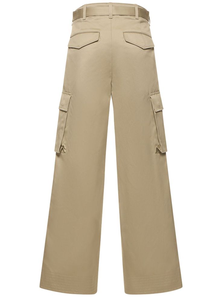 Front button and concealed zip closure. Belt loops. Includes matching adjustable belt with buckle closure. Two side pockets. Two leg cargo pockets. Two back pockets. Model is wearing a size1 Wide-leg Workwear Cargo Pants With Multiple Pockets, Wide-leg Cargo Pants With Multiple Pockets For Workwear, High Waisted Cargo Pants With Flap Pockets For Workwear, Wide-leg Cargo Pants With Belt Loops For Workwear, Full Length Cargo Pants For Work, High-waisted Parachute Pants With Multiple Pockets For Work, High Waist Cargo Pants With Cargo Pockets For Work, Wide-leg Cargo Jeans With Multiple Pockets For Work, High Waist Cargo Jeans With Belt Loops For Workwear