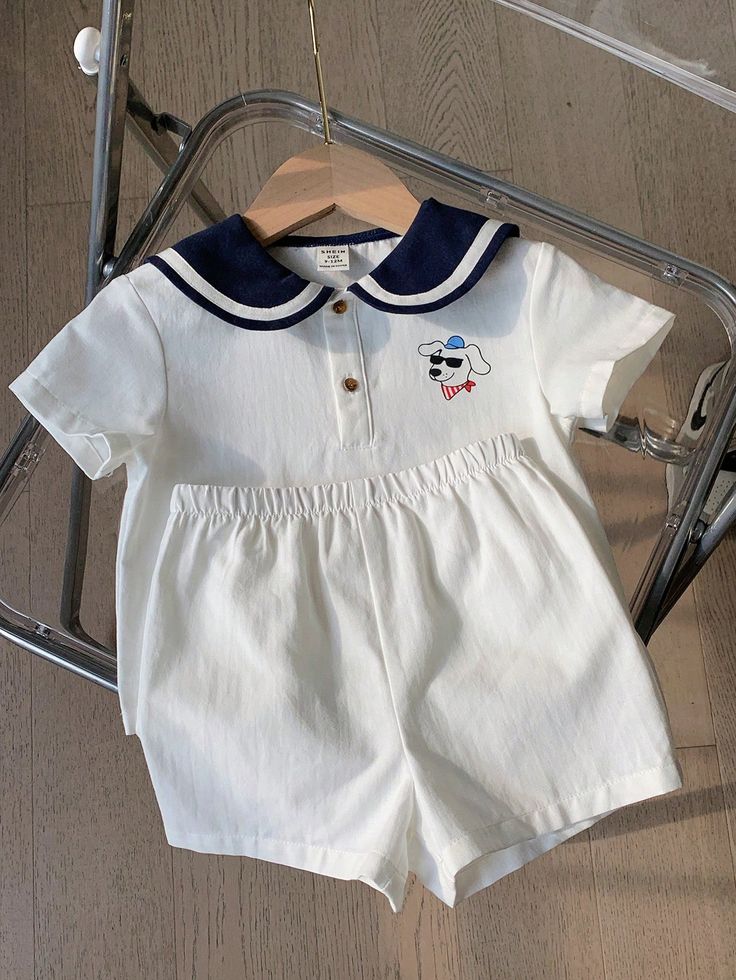 Azul y blanco  Collar   Animal,Color combinado,Letras  Embellished No-Elástico White Collared Cotton Sets, White Cotton Collared Sets, White Matching Set Tops For Playwear, White Short Sleeve School Sets, Baby Sailor Outfit, Blue And, Boys Set, Color Shorts, Casual Girl