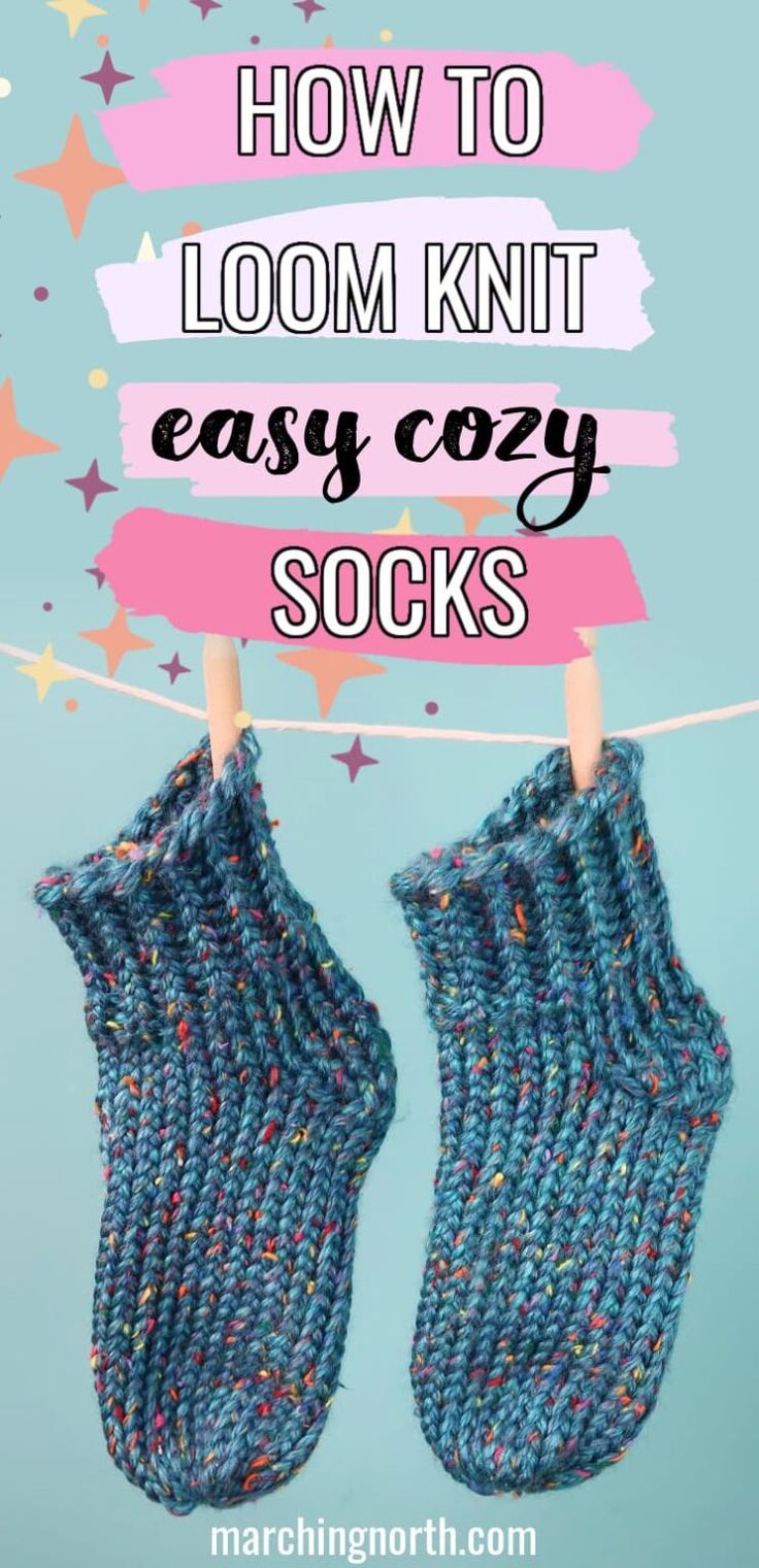 two knitted socks hanging on a clothes line with text overlay that reads how to loom knit easy cozy socks