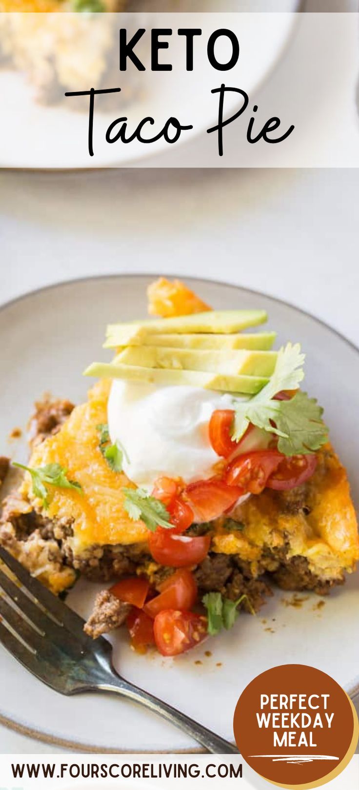 A slice of taco pie that has ground beef on the bottom and melted cheese on the top topped with sour cream, sliced avocado, tomatoes, and cilantro on a white plate with a silver fork sitting next to it. Taco Pie Keto, Mexican Food Night, Keto Taco Pie, Taco Pie Recipes, Best Mexican Food, Taco Pie, Best Mexican Recipes, Keto Taco, Weekday Meals