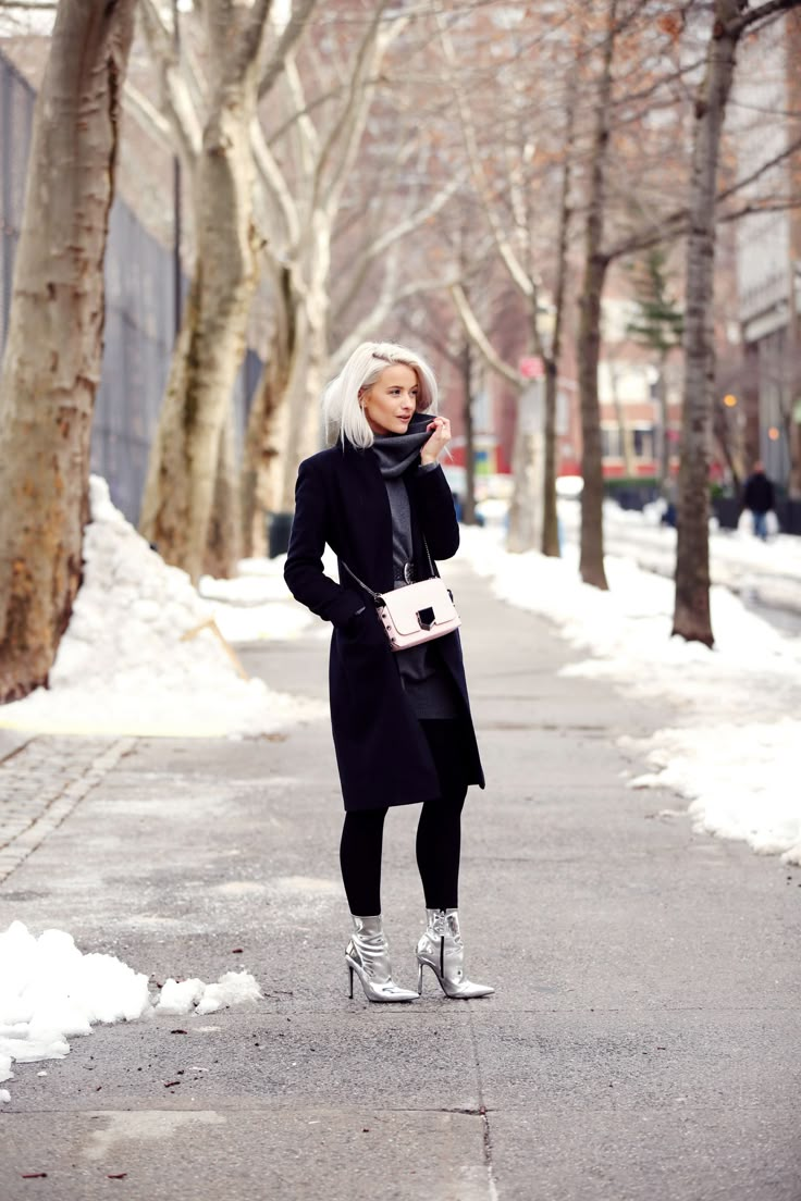 I love this look so much! It's my classic look with a bold shoe addition and enough layers to survive the snow! Gold Boots Outfit, Metallic Boots Outfit, Silver Leather Jacket, Boots Outfit Ideas, Silver Ankle Boots, Sparkly Boots, Neon Prom Dresses, Coated Leggings, Bold Shoes