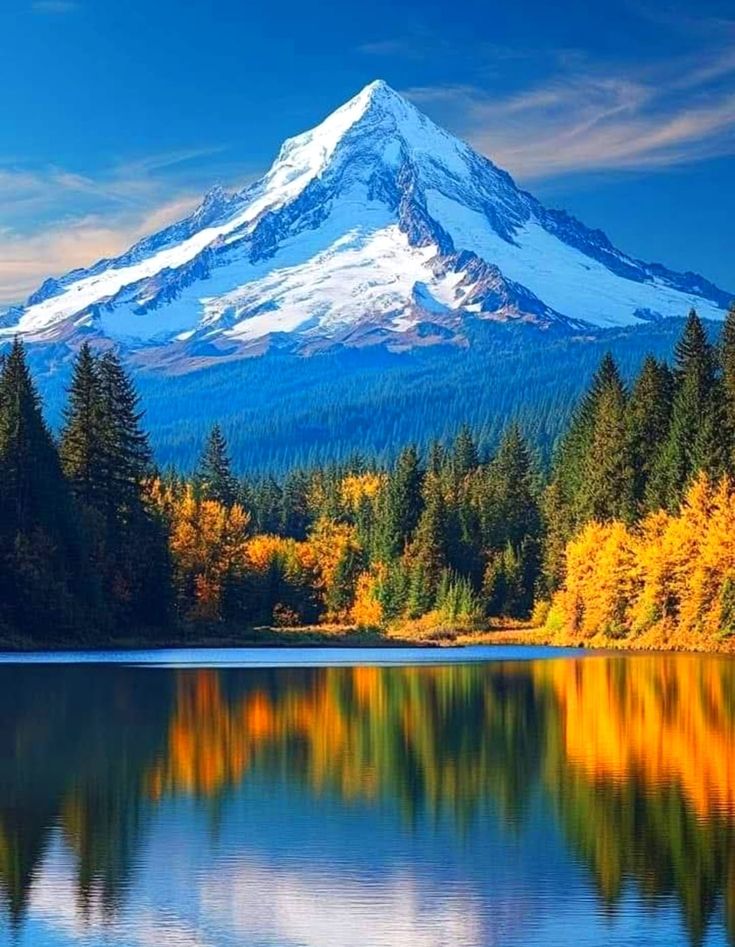 a mountain is shown in the background with trees around it and water reflecting on the surface