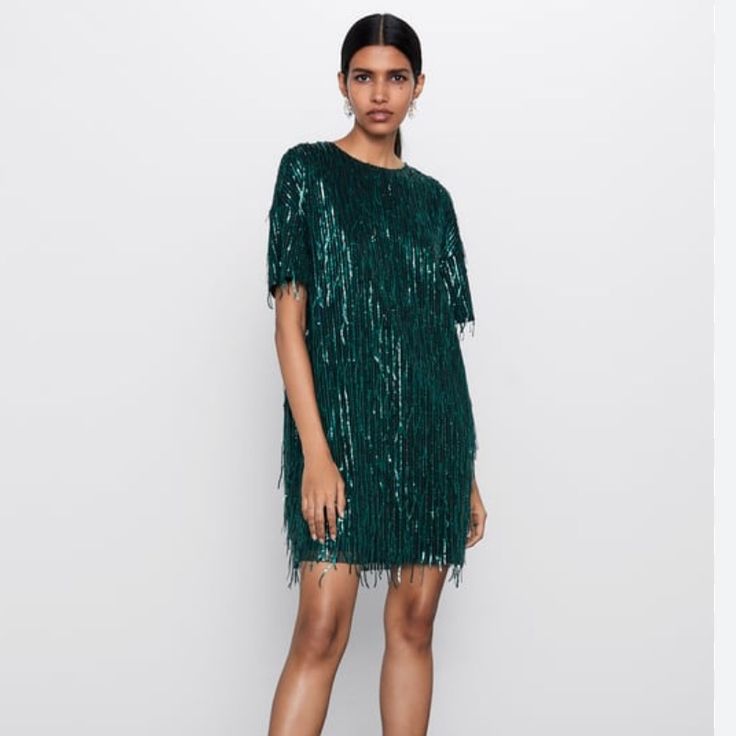 Bnwt Zara Sequins Dress In A Beautiful Green/Teal. Never Worn Size M Made In Moracco. Short Sleeve Green Short Sleeve Midi Dress For Party, Green Short Sleeve Party Dress, Green Knee-length Sequin Mini Dress, Green Sequined Dress For Fall, Green Short Sleeve Mini Dress For Night Out, Green Short Sleeve Mini Dress For Party, Green Sequined Knee-length Dress, Green Sequin Knee-length Dress, Green Sequined Short Sleeve Dress