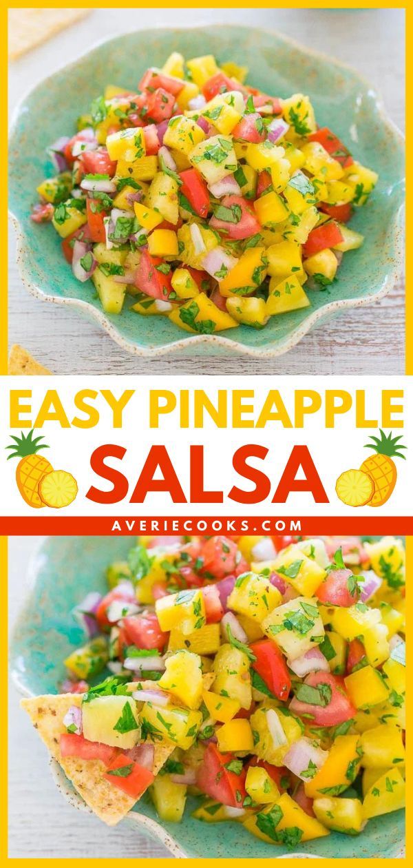 Pineapple Salsa, cinco de mayo food, spring food ideas, summer recipes, party appetizers Yellow Party Foods, Tropical Appetizers, Peach Mango Salsa, Tacos Fish, Summer Party Appetizers, Pool Snacks, Luau Party Food, Pineapple Salsa Recipe, Luau Food