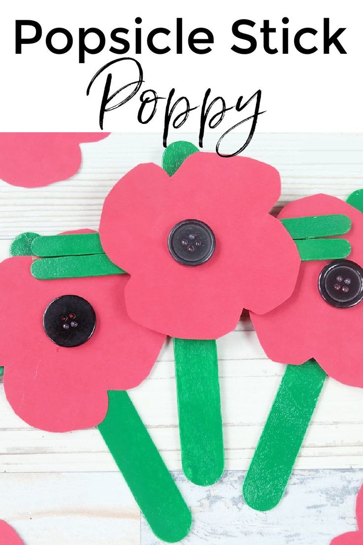 popsicle stick poppy craft with text overlay that says popsicle stick poppy crafts