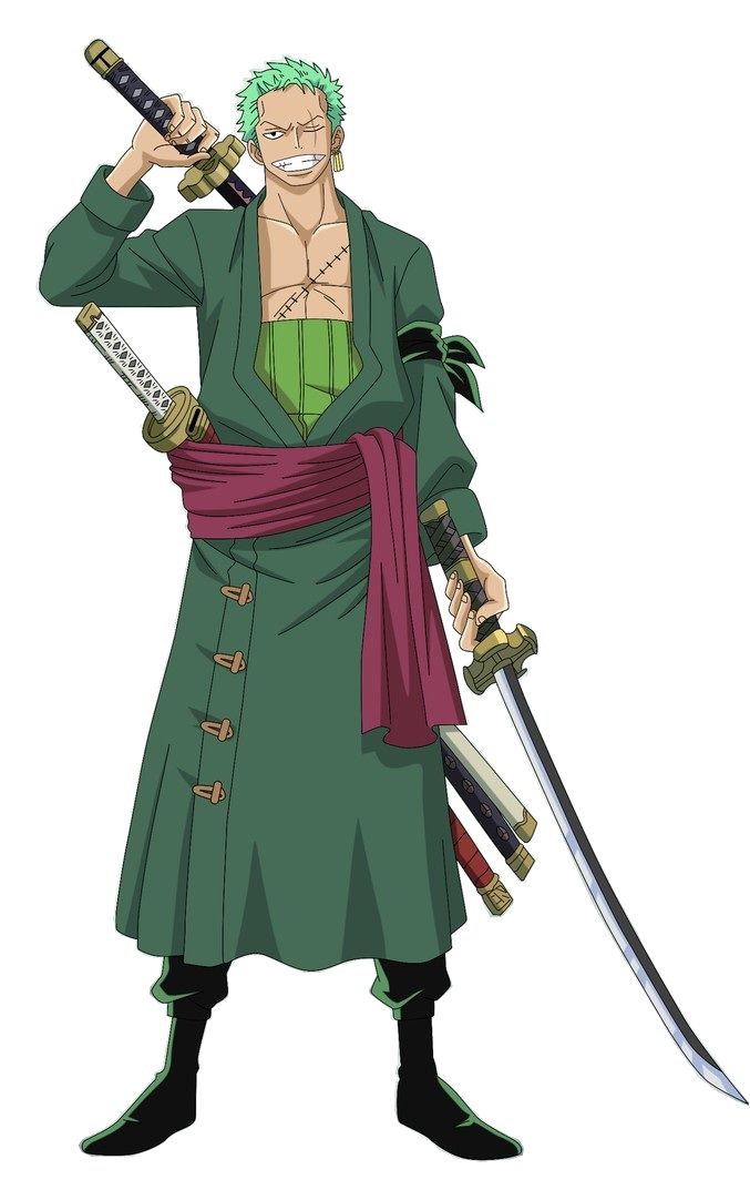 an anime character holding two swords in one hand and wearing a green outfit with red sash