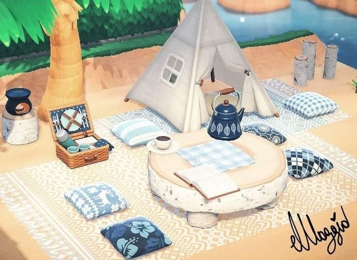 a painting of a teepee tent with pillows and other items on the ground next to it