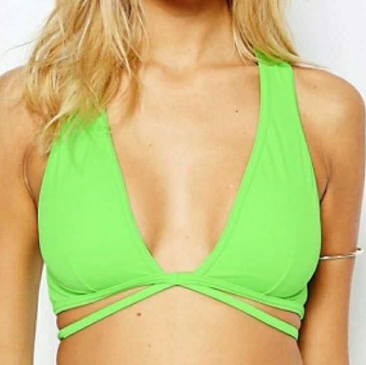 New!!! Asos Lattice Strap Plunge Crop Bikini Top In Botanico Green!!! Mix And Match For Spring Break!!!! Low-cut Halter Top For Beach In Spring, Spring Low-cut Halter Top For Beach, Green V-neck Halter Top For Vacation, Spring Green Swimwear With Straps, Chic Swimwear With Crisscross Straps For Spring, Stretch Low-cut Halter Top For Beach, Spring Strappy Halter Top For Beach Party, Green Triangle Halter Top For Party, Chic Low-cut Swimwear For Spring