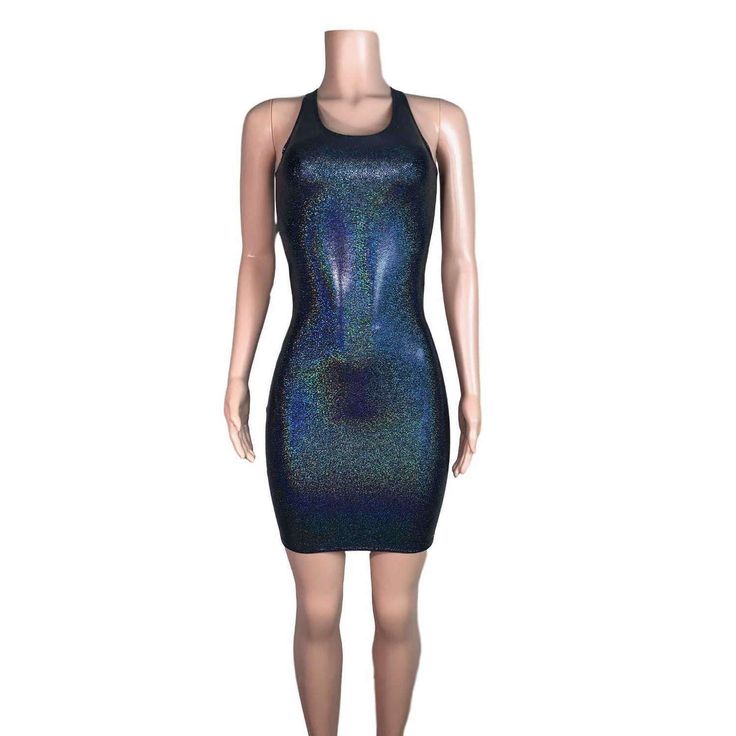 Black holographic bodycon dress. The fabric is high-quality hologram shimmery black spandex - stretchy enough to fit you and thick enough to offer a flattering bodycon fit. Sleek Fitted Bodycon Dress For Party Season, Iridescent Fitted Evening Dress, Fitted Iridescent Evening Dress, Fitted Iridescent Dress For Evening, Shimmer Mini Bodycon Dress For Night Out, Sleek Stretch Bodycon Club Dress, Sleek Stretch Bodycon Dress For Club, Iridescent Fitted Mini Dress, Iridescent Fitted Dress For Party