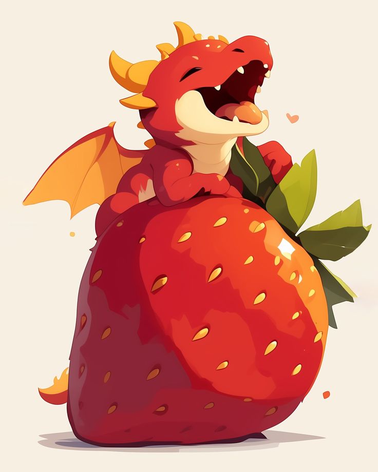 a red dragon sitting on top of a strawberry with it's mouth wide open