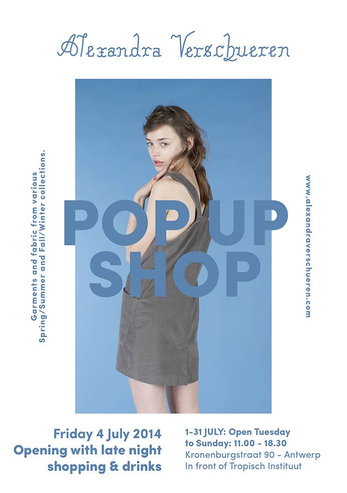 an advertisement for the pop up shop featuring a woman in grey dress and blue background