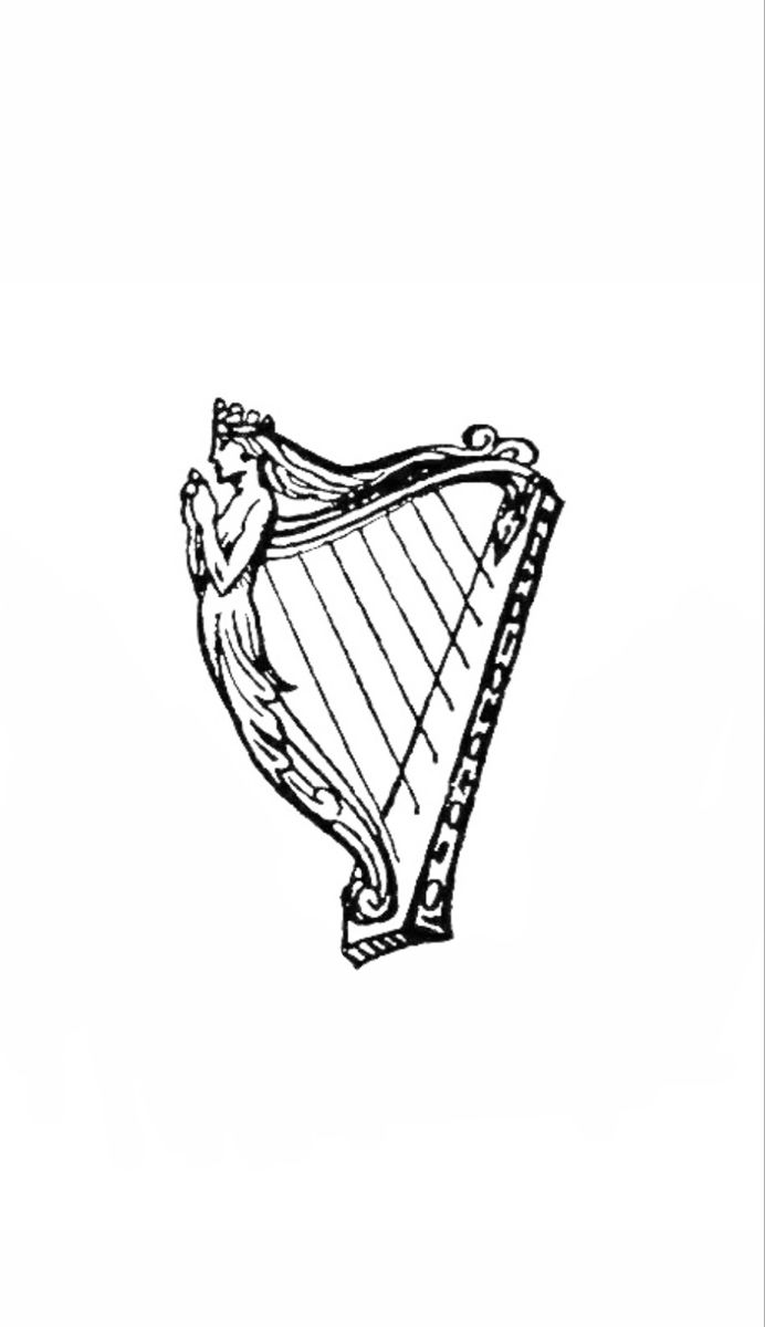 a black and white drawing of a harp