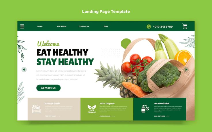 a green and white landing page for a healthy food store with fresh fruits and vegetables