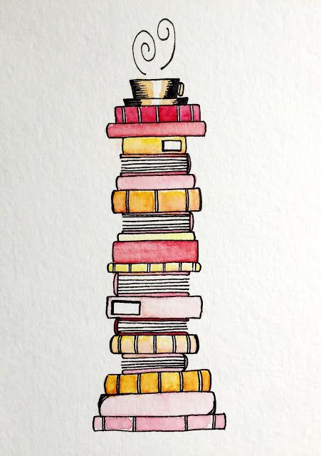 a drawing of a stack of books with a coffee cup on top and the words love spelled in cursive writing