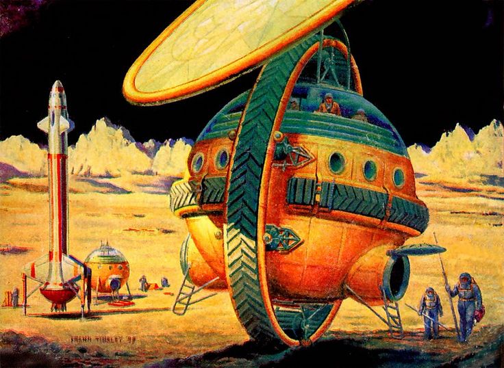 a painting of an alien ship in the desert