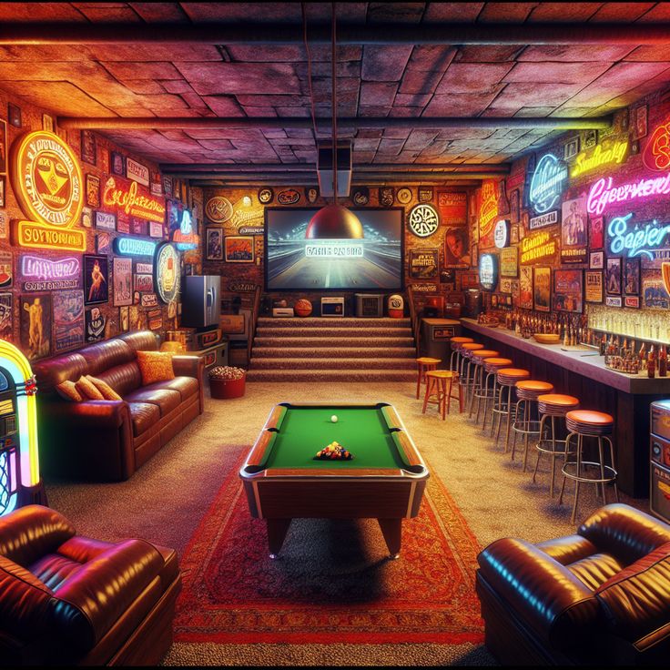 Discover your ultimate hideout in this retro-style underground man cave, bolstered by neon signs, high-end gaming systems, a pool table and a massive sports-centered TV setup. Cheers to good times at your own bar or groove to rock tunes from a vintage jukebox. Nostalgia looms with jerseys, posters and movie memorabilia adorning the walls.

#MancaveDesign #RetroManCave #GamingRoom #HomeBar #EntertainmentRoom #SportsMemorabilia Tv Setup, Man Cave Design, Family Houses, Neon Nights, Mens Club, Game System, Entertainment Room, Bar Ideas, Movie Memorabilia