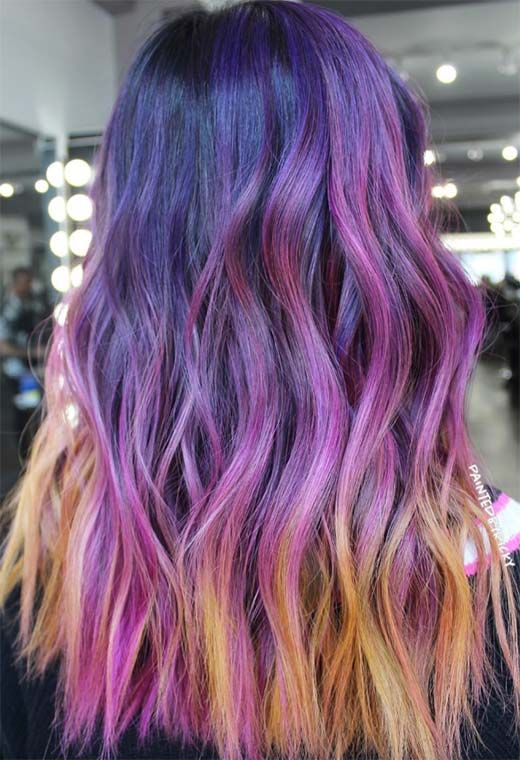 Space Hairstyles, Sunset Hair Color, Two Color Hair, Funky Colors, Vivid Hair, Sunset Hair, Vivid Hair Color, Neon Hair, Hair Chalk