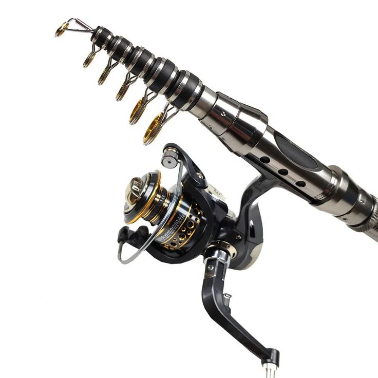 a spinning fishing rod and reel on a white background with clippings to the side