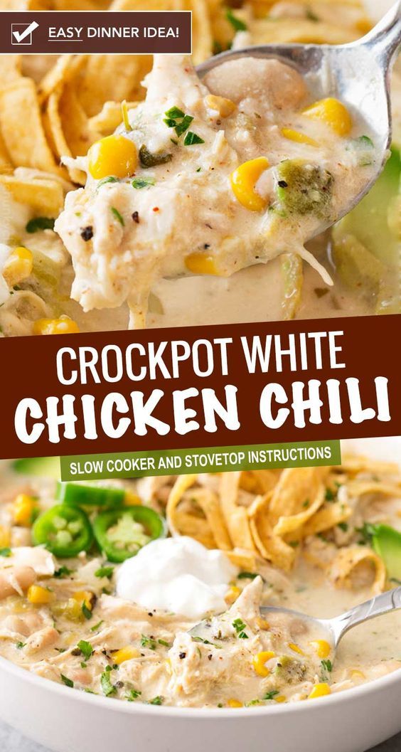 the crockpot white chicken chili is in a bowl with tortilla chips