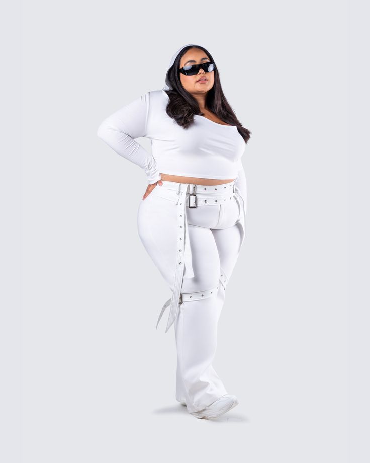 Nothing says “statement piece” like these white vegan leather pants 😮‍💨 Made from a stretch twill, and complete with a triple belt waist, belted leg detailing, and a wide leg fit for a striking look that will always have you at the center of attention 🤍 White Belted High-waisted Pants, White Fitted Belted Bottoms, White Belted Wide Leg Bottoms, White Belted Wide-leg Bottoms, White Bottoms With Belt Detail For Spring, Trendy White Belted Bottoms, White Wide Leg Belted Pants, White Belted Wide Leg Pants, Chic White Bottoms With Belt