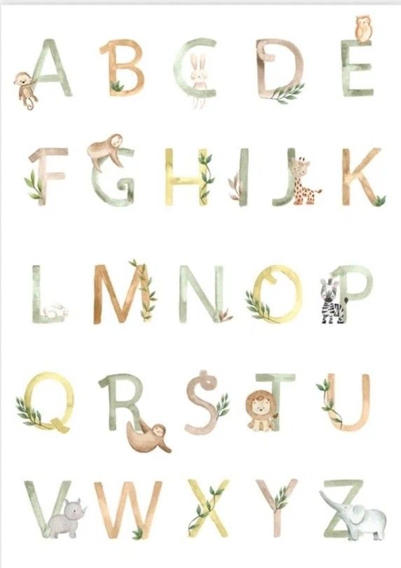 the alphabet is made up of animals and letters with watercolor paint on them,