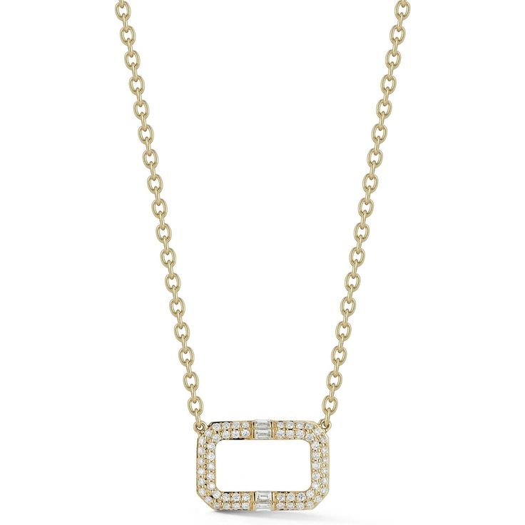 Sofer Jewelry - Necklace With Open Diamond Rectangle in 14K Yellow Gold Luxury Elegant Rectangular Diamond Necklace, 14k Yellow Gold Necklace, Yellow Gold Necklace, Baguette Diamonds, Yellow Gold Chain, Baguette Diamond, Jewelry Creation, Prong Setting, Lab Grown