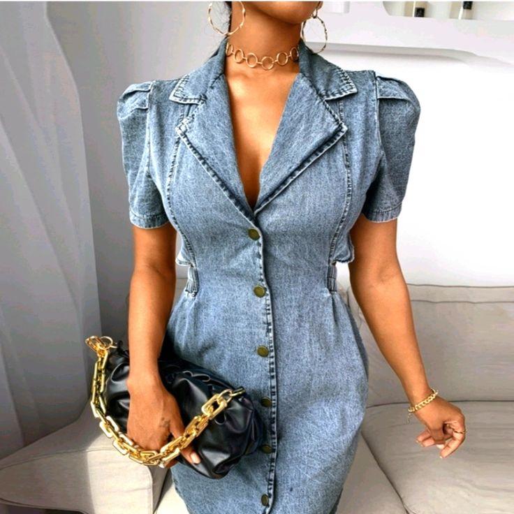 Soft, Breathable And Sustainable Fabric Features: Denim V-Neck Cut Out Back Dress Occasion: Casual Life, Home Wear, Vacation Blue Denim Dress Outfit, Denim Dress Fashion, Shopping Outfit Ideas, Jean Mini Dress, Denim Bodycon Dress, Denim Dress Outfit, Mini Dress Elegant, Dress Outfit Casual, Long Sleeves Dresses