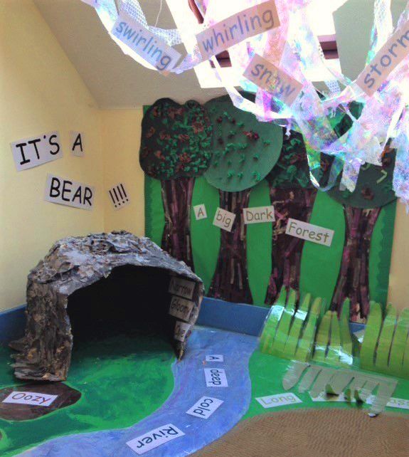 an indoor play area with fake trees and writing on the walls that read it's a bear