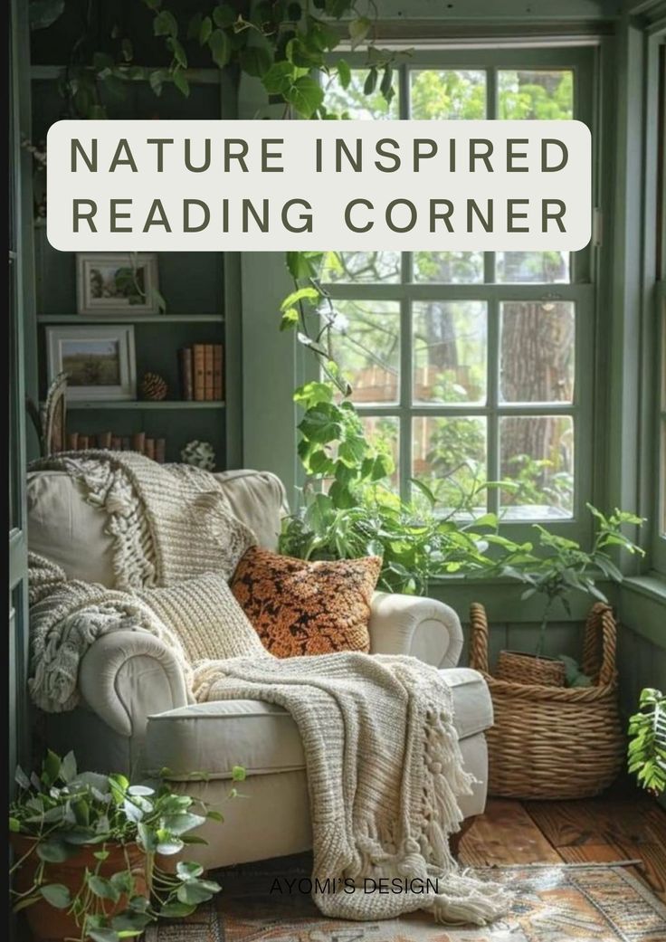 a white couch sitting in front of a window next to a green plant filled wall