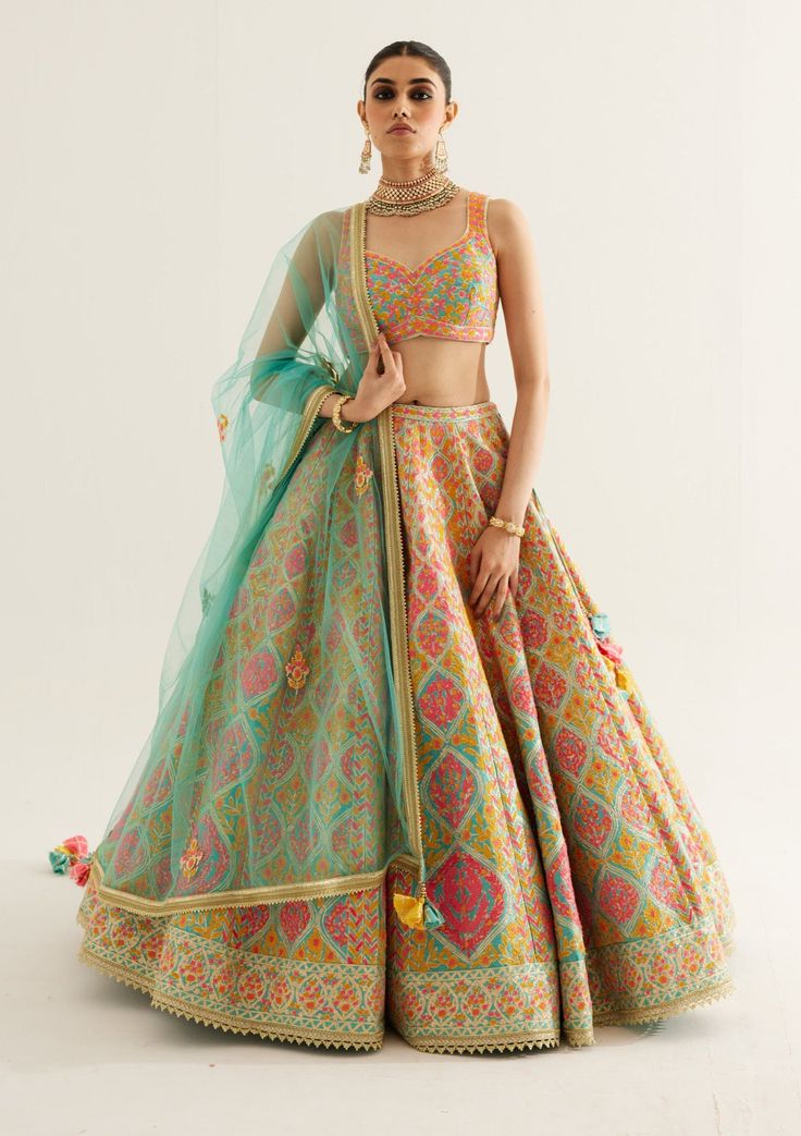 Shyam Narayan Prasad-Capri Blue Gota Embroidered Lehenga Set-INDIASPOPUP.COM Grand Indian Dresses, Traditional Silk Lehenga Designs, Raw Silk Lehenga Wedding, Heavy Chaniya Choli, Simple Wedding Wear, Wedding Guest Lengha, Silk Lehenga Designs Latest, Ghagra Designs, Wedding Reception Lehenga