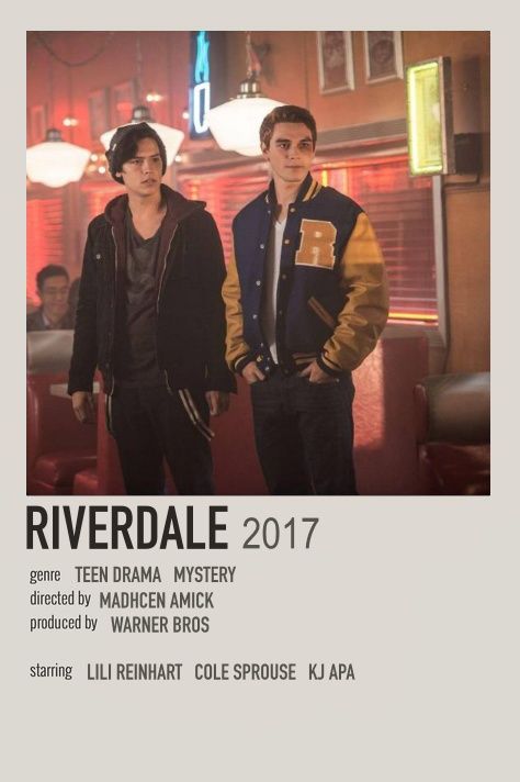 two young men standing next to each other in front of a poster for riverdale