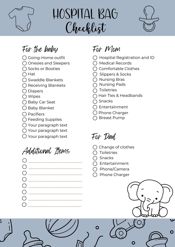 the printable hospital bag checklist is shown in black and white with an elephant on it