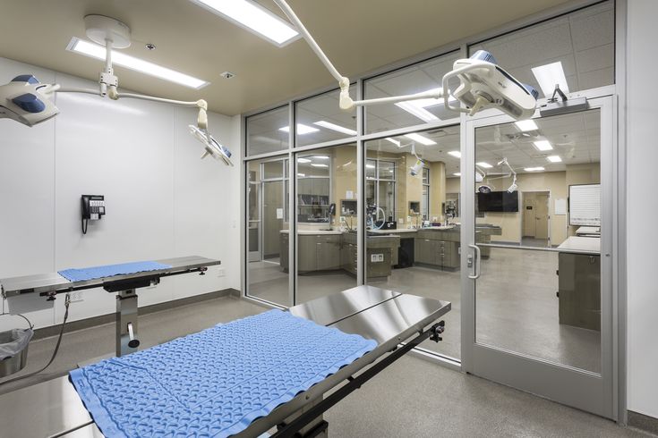 a hospital room with an operating table and medical equipment on the wall in front of glass doors