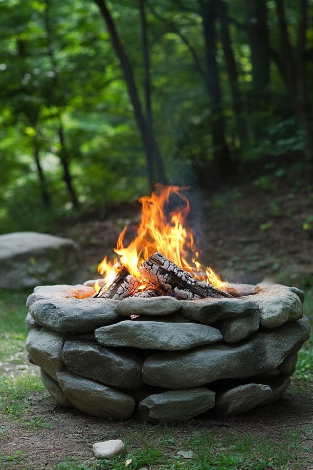 a fire pit made out of rocks in the woods