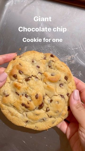 a person holding a giant chocolate chip cookie