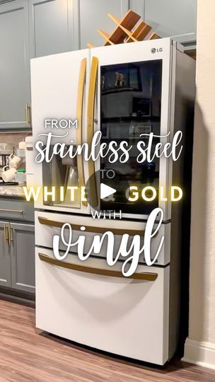 a refrigerator with the words from stainless steel to white, gold and black on it