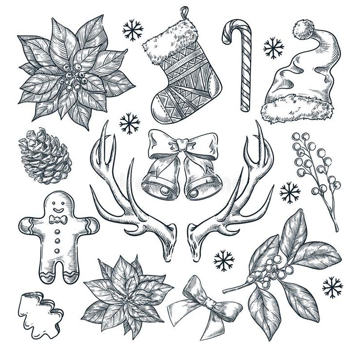 hand drawn christmas items and decorations for the holiday season, including gingerbreads, holly leaves