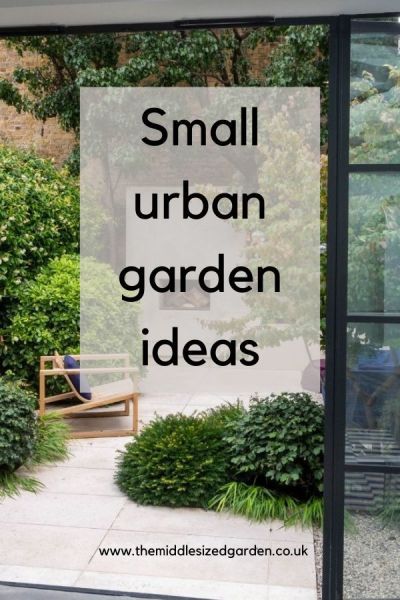 the words small urban garden ideas are displayed in front of a glass door that is open