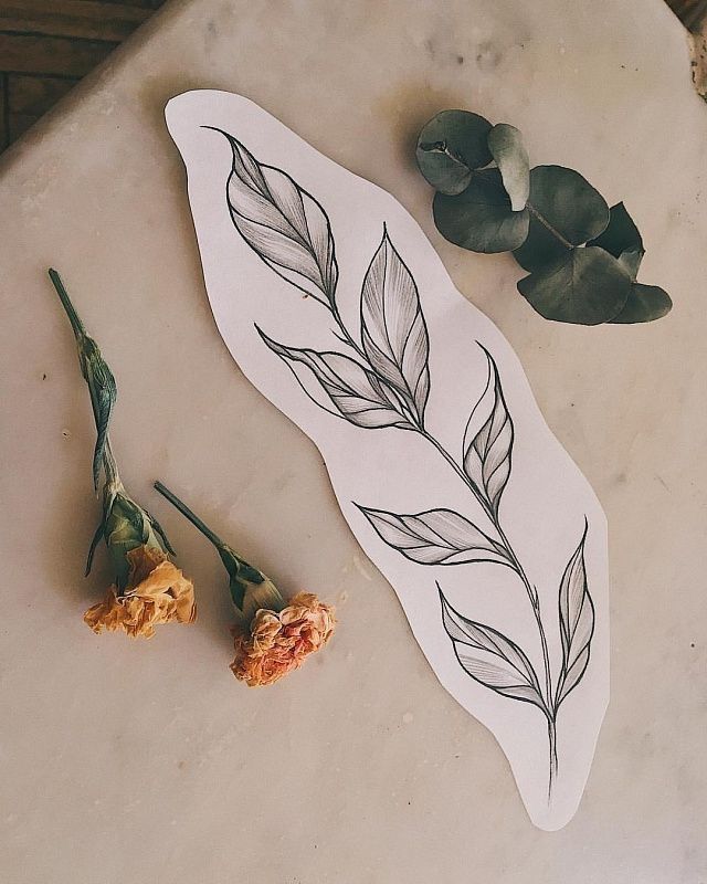 two dried flowers on a table next to a piece of paper with leaves drawn on it